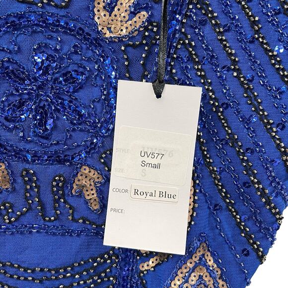 Unique Vintage Royal Blue Flapper Mini Dress S Beaded Sequin Fringe NWT - Picture 5 of 10